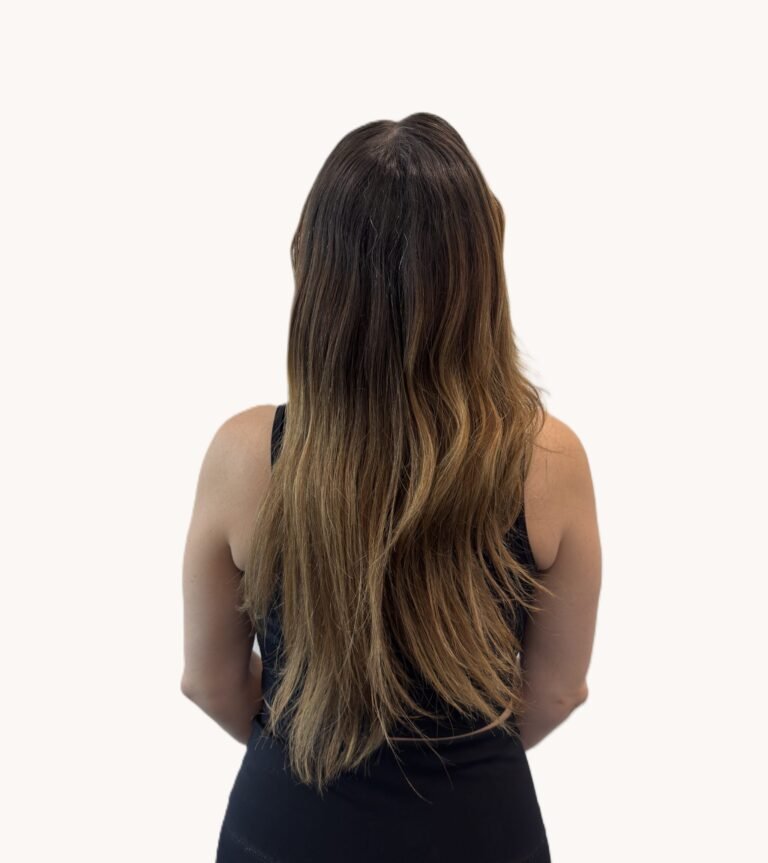 brunette balayage highlights before transformation Wilton CT salon.